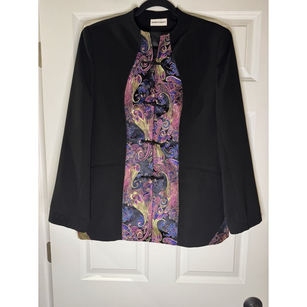 Jennifer Roberts Blazer Jacket Paisley Front Panel Print Frog Closure Large
